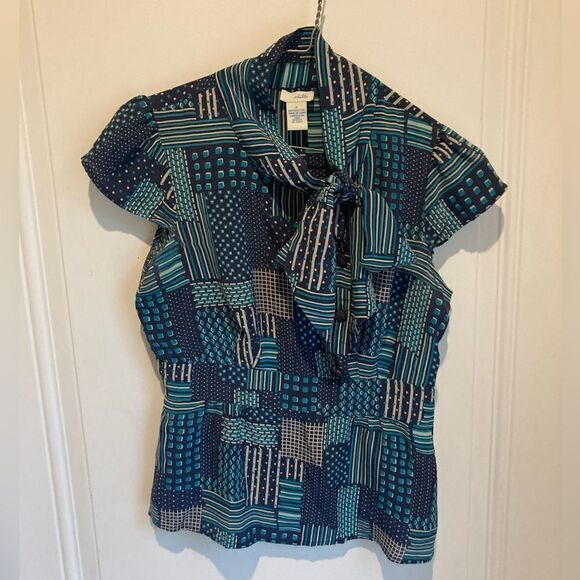 Odille Anthropologie Turquoise Silk Print Top - Picture 1 of 7